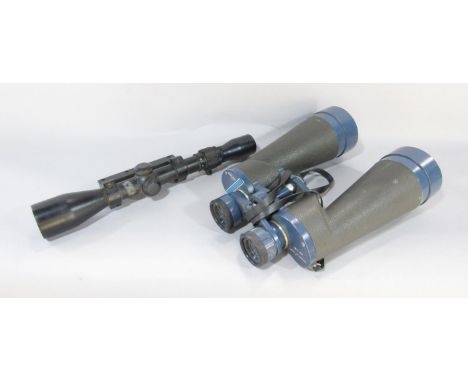 A pair Swift Extra Wide Field Binoculars 16 x 70 263ft at 1000yds, and a rifle telescopic sight made by Apollo 3x-9x40 Japan.