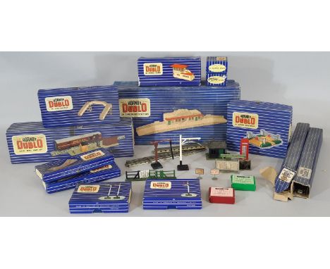 Hornby Dublo station and trackside buildings and accessories including the following boxed; Through Station, TPO Mail Van Set