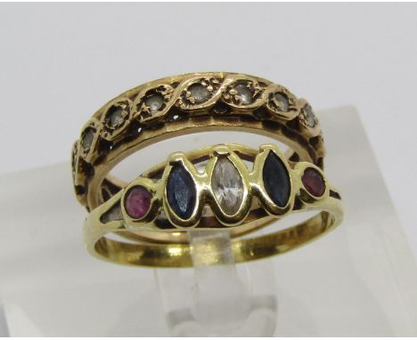 18ct ruby and sapphire ring, 2.1g and a 9ct colourless stone eternity ring, 2.8g 