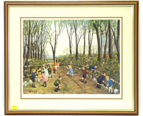 X TOM DODSON; a signed coloured print 'School Outing in the Woods', signed lower right, gallery stamp lower left, 37 x 45cm, 