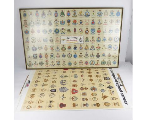 A large framed crest and badges of the British Army in daily use, framed and glazed, together with a poster 'All the Signs of