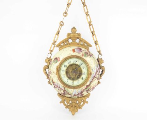 EUGENE FARCOT; a 19th century French chain hanging ceramic clock, body decorated in Scottish theme, ormolu mounts and chain w