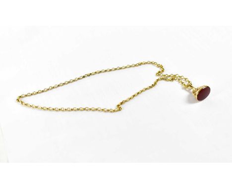 A 9ct gold seal set with oval red hardstone, on a pierced scroll mount with loop, on a 9ct gold belcher link chain, approx. 1