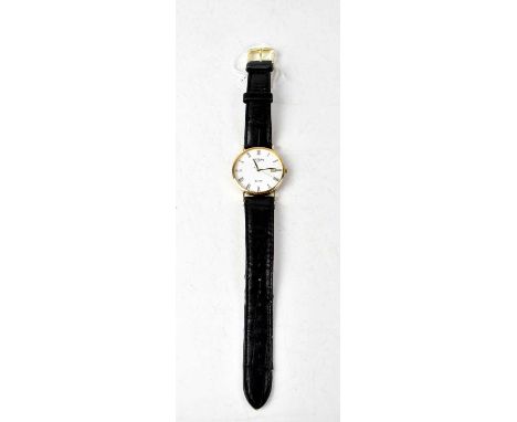 ROTARY; a 9ct yellow gold gentlemen's wristwatch, the white dial set with Arabic numerals and date aperture, on a black leath
