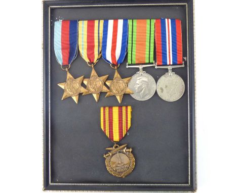 Five WWII medals comprising Defence Medal, War Medal, France and Germany Star, Africa Star and 1939-45 Star, also a Dunkirk M