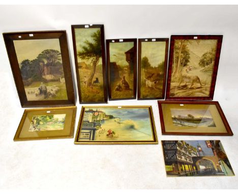Nine decorative paintings and prints, to include an early 20th century oil, rural scene with sheep, shepherd and cottage in t