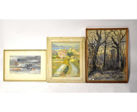 A ROSSITER; mixed media of abstract woodland scene, 73 x 57cm, framed and glazed, M Brooks; oil, French country scene, signed