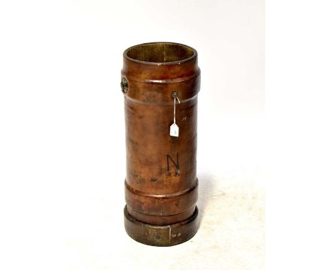 A WWII leather shell carrier with impressed and stamped marks, broad arrow mark PM and large letter N, height 57cm.