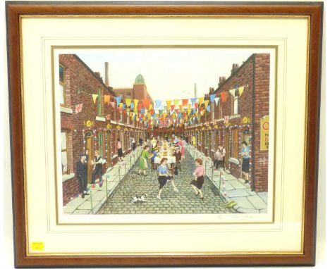 X TOM DODSON; a signed limited edition print, 'The Silver Jubilee Street Party', no.468/850, gallery stamp lower left, 34 x 4