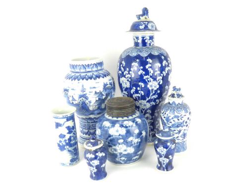 Various Oriental blue and white painted porcelain to include a large temple jar painted with a prunus pattern and Dog of Fo f