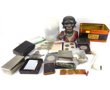 Various mixed collectibles to include a cast aluminium money box, a boxed Mississippi harmonica, clay pipes, Civil Service Mo