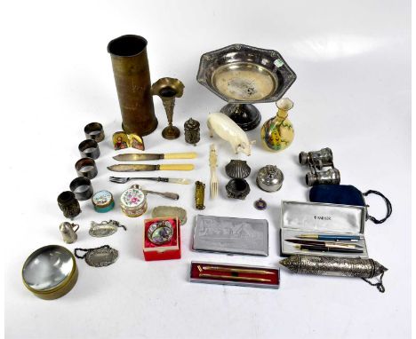 A collectors' lot to include silver plated cruets, a brass whistle-form lighter, opera glasses, a silver medallion for 'The L