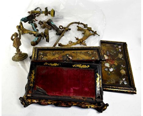 Various Victorian and later brass and spelter gas light fittings, together with a Victorian mother of pearl inlaid writing sl