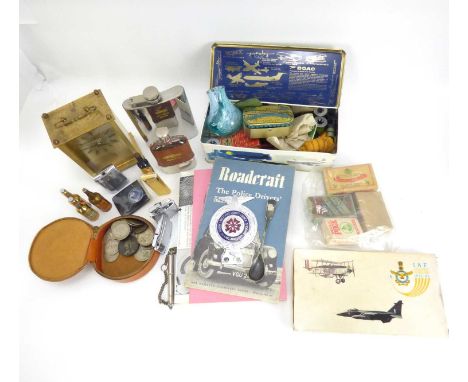 A quantity of mixed collectibles to include pocket lighters, Guinness advertising bottles, hipflasks, various coins including