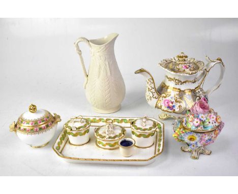 A group of mainly late 19th century ceramics to include hand painted and gilt-heightened floral teapot in the Rococo style, a