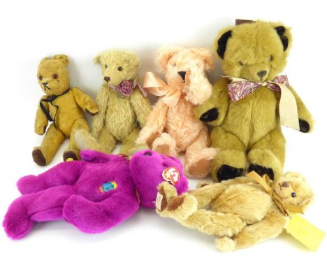 Six antique and modern teddy bears to include a small early 20th century golden mohair example with glass eyes, short ears an