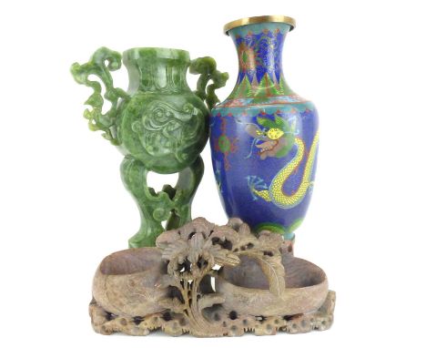 Various Oriental items to include a spinach jade style coloured vase with shaped handles and pierced stand, height 22cm, a so