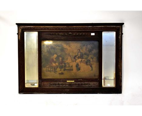 An Edwardian mahogany over mantel mirror with central panel with print titled 'A Chip off the Old Block', within a border wit