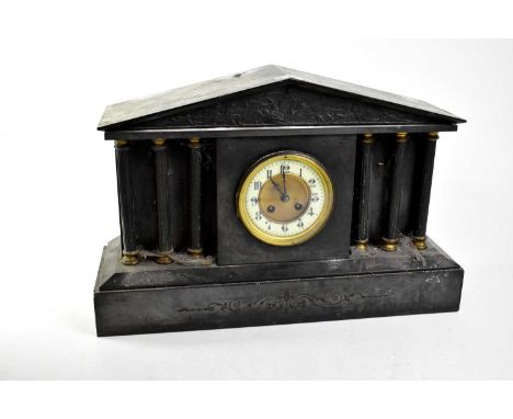 A Victorian slate mantel clock of architectural form, in the style of a Greek temple, with ivorine dial and eight day movemen