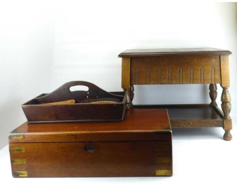 A large 19th century brass bound mahogany writing slope with inkwells, pen tray and secret drawer to the side, length 60cm, h