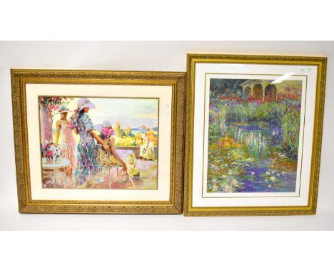 A colour lithographic print depicting ladies in hats sitting on a veranda, 60 x 74cm, together with another limited edition c