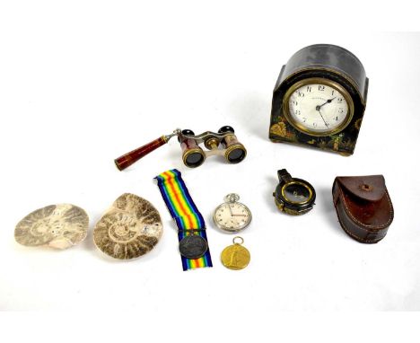 Various collectibles to include a Japanned Walker &amp; Hall mantel clock, a pair of opera glasses, a WWII military pocket wa