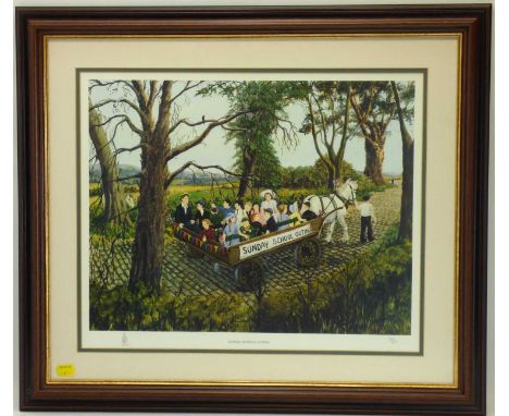 X TOM DODSON; a limited edition coloured print 'Sunday School Outing', no.348/850, gallery stamp lower left, 39 x 48cm, frame