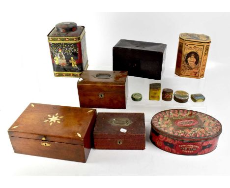 A quantity of vintage tins to include an Oriental tea caddy, a Colman's Mustard tin, various small mustard tins, Navy Cut Tob
