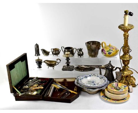 A quantity of plated ware to include berry spoons, coffee pot, candlesticks, sauce boat, sugar nips, etc, two boxes containin