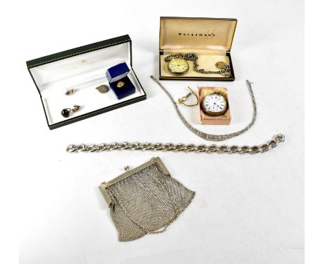 A quantity of silver jewellery and watches to include a mesh purse, Greek Key motif necklace, chunky chain necklace, pair of 