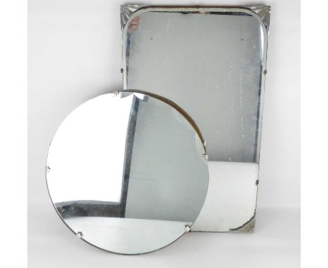 Two Art Deco wall mirrors, one with chrome Art Deco sunburst corner brackets and shaped rectangular mirror with bevel edge an