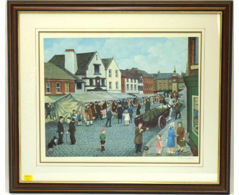 X TOM DODSON; a signed coloured print 'Ormskirk Market', signed in pencil lower right, gallery stamp lower left, 38 x 47cm, f