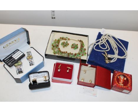 A selection of vintage costume jewellery and his and hers watch set 