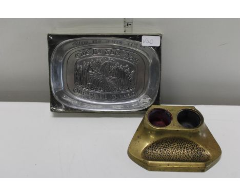 An antique brass inkwell and a silver plated tray 