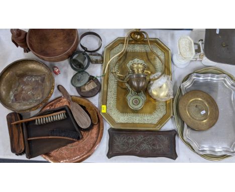 A mixed lot to include a paper mache bowl, crumb tray and brush, weighing scales and other itemsLocation: 