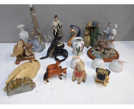 Ceramics to include a Lladro lamp with a girl, a Royal Copenhagen model seat, Border Fine Arts, Lladro bels and other itemsLo