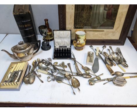 Silver plate to include a set of six coffee bean tea spoons, a tea pot, flatware and other items, along with a bible, a print