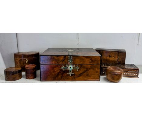 A collection of treen boxes to include a Victorian mother of pearl inlay jewellery box A/F, a Georgian style tea caddy and ot