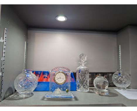 Mixed glass to include a Waterford Crystal mantel clock, Stuart Crystal, boxed glass and a glass globeLocation: 10:1 