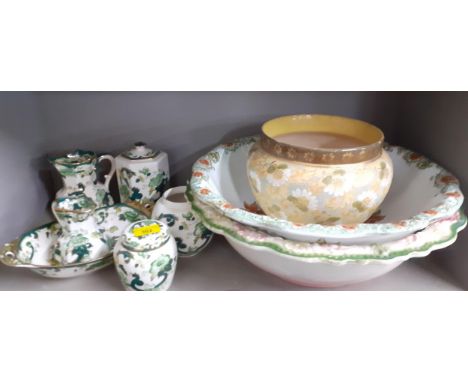 A quantity of Masons Chartreuse tableware, a Doulton planter, and two wash bowls Location: R1.4 
