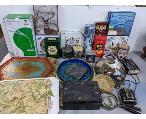 A mixed lot to include vintage trays, tins, boxed duolamp, The Acme Whistles, Brownie Reflex camera and other itemsLocation: 