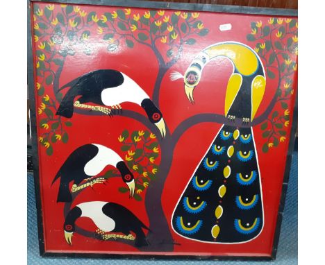 M Awazi - Birds in a tree, a 20th Century 'Brazillian Art' brightly coloured Tinga Tanga enamel on board, signed lower middle