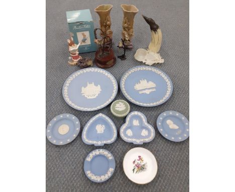 A mixed lot to include Wedgewood Jasperware ornaments, a Border Fine Arts Beatrix Potter model 'Taylor of Gloucestershire' an