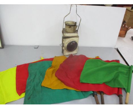 Six Railway Signal flags, together with a BR Railway lamp Location: 