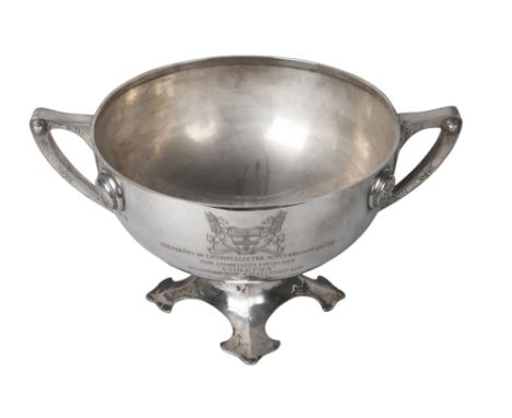 A large and impressive silver Arts & Crafts twin handled trophy rose bowl, Birmingham c.1937, John Taylor & Co., decorated wi