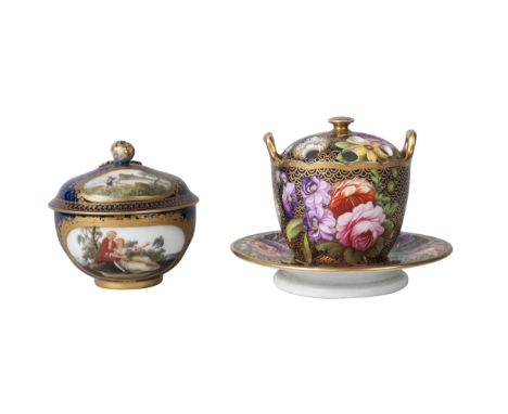 A German porcelain cup and cover, probably Meissen, 19th century, decorated with reserves of pastoral lovers and landscapes, 