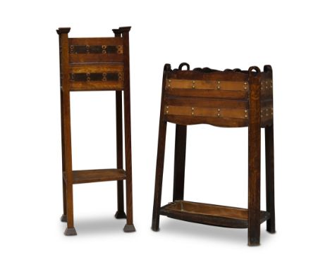 An Arts and Crafts oak and copper bound planter, early 20th century, with under tier on square legs to square tapered feet,  