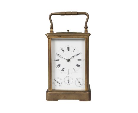 A French brass carriage clock, late 19th century,  with plain case, the white enamel dial with Roman and Arabic numeral chapt