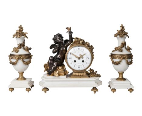 A French three-piece clock garniture, 19th century, the clock within a drum case mounted with flowers, beside a seated cherub