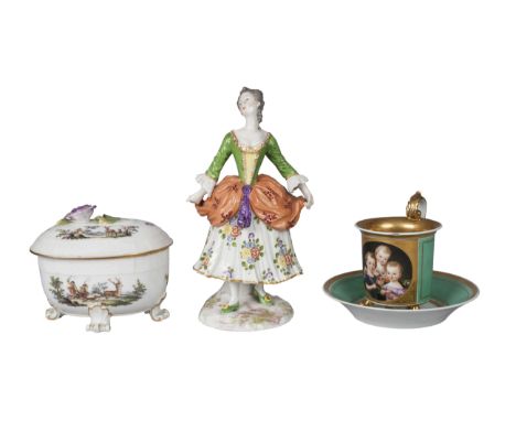 A French La Courtille porcelain cabinet cup and saucer, late 19th/early 20th century, painted with a portrait of three young 